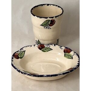 Moorland Staffordshire England Floral Soap Dish And Cup  Set‎ Blue Rim Cottage